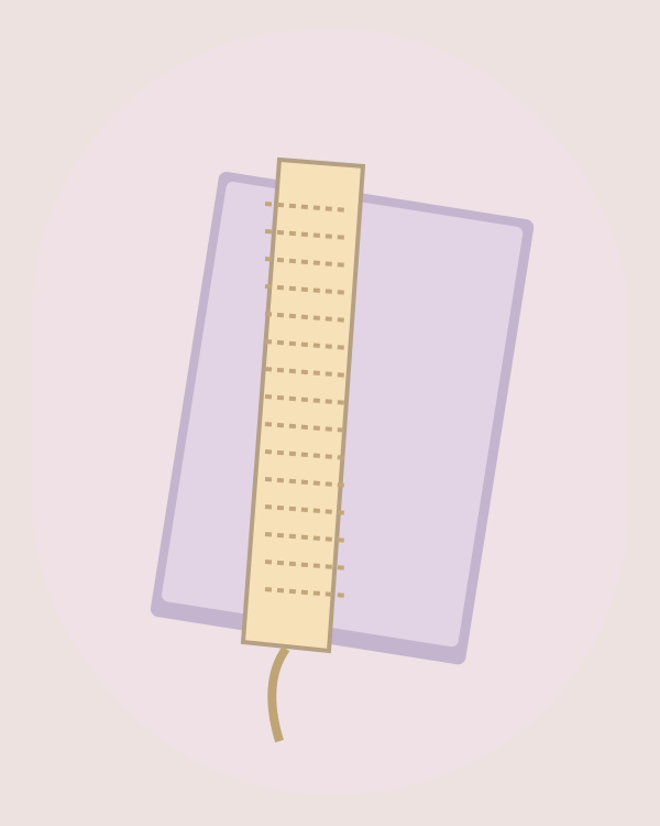 Illustrated cream crochet bookmark alongside a lavender book