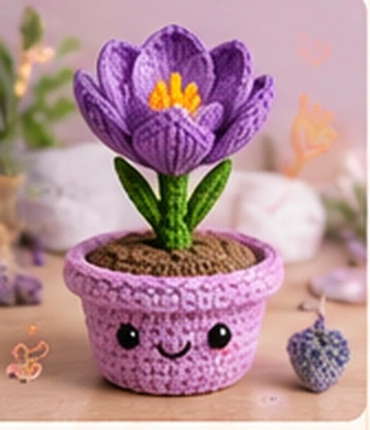 Photo-style illustration of a purple crochet crocus pen in a smiling pot