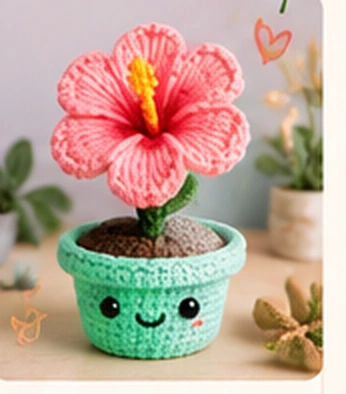 Photo-style illustration of a pink hibiscus flower pen in a crocheted pot
