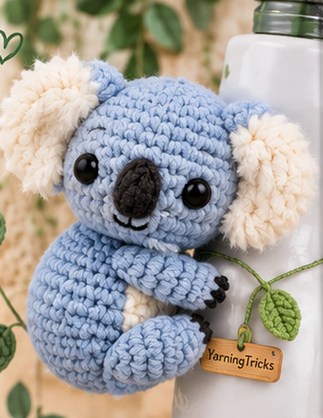 Photo-style illustration of a complete crochet koala hugging a bottle with leaf charms