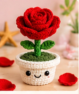 Photo-style illustration of a complete red rose crochet pen in a cream pot