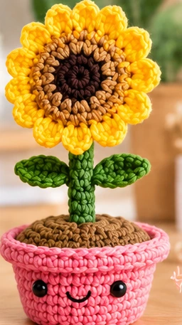 Photo-style illustration of a complete sunflower crochet pen planted in a smiling pink pot
