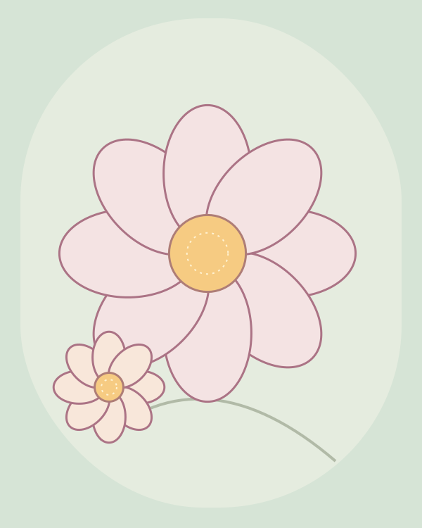 Illustrated creamy pink crochet flower on a sage green background