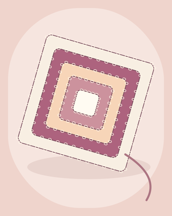 Illustrated pink and cream crochet granny square on a soft peach background