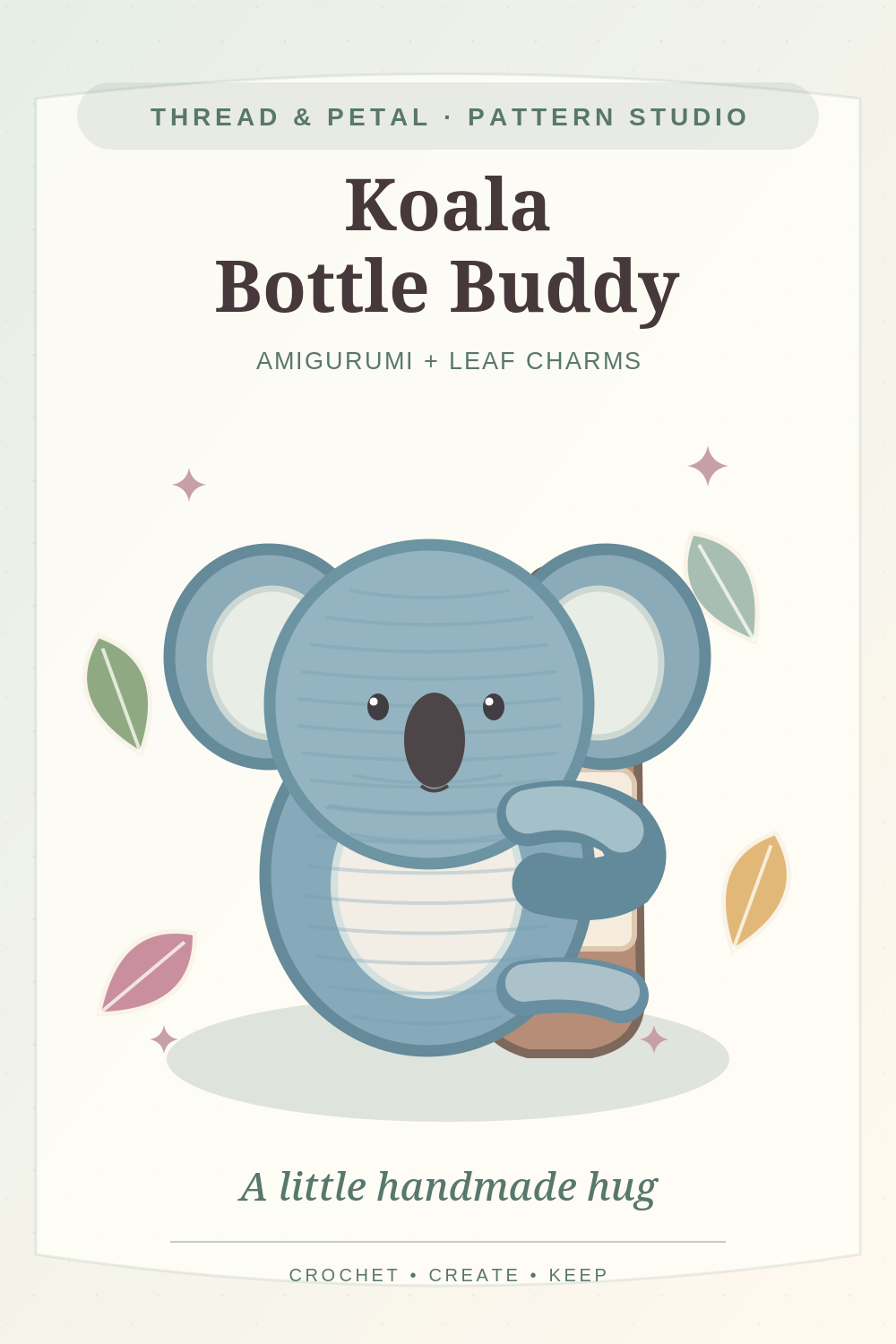 Original pastel editorial illustration of a blue crocheted koala next to a bottle and colorful leaf charms