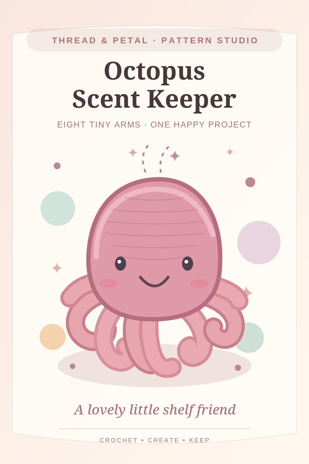 Original warm coral and pink vector illustration of a small crocheted octopus with eight curled arms and floral shapes