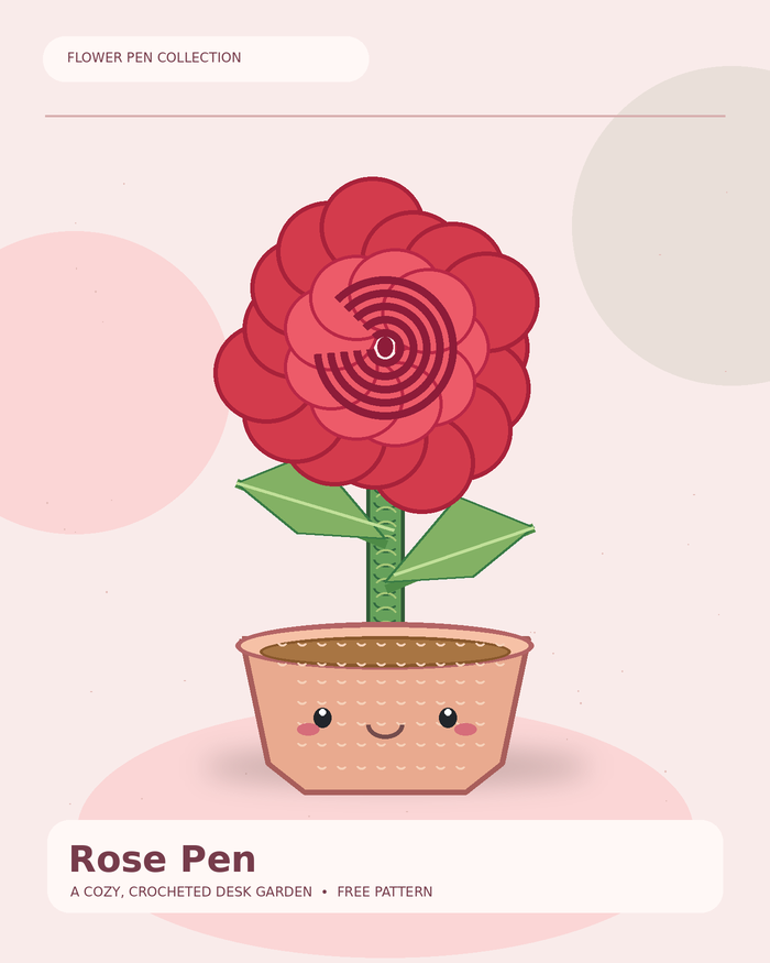 Original illustrated rose crocheted flower pen in a smiling handmade flowerpot; no photograph or watermark is reproduced