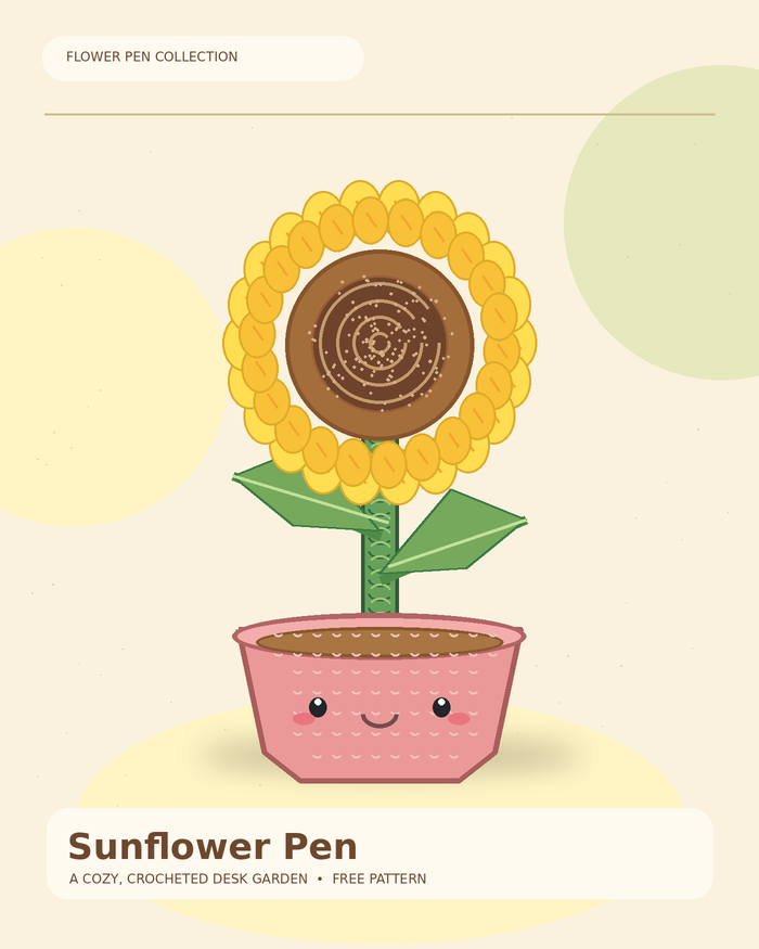Original illustrated sunflower crocheted flower pen in a smiling handmade flowerpot; no photograph or watermark is reproduced