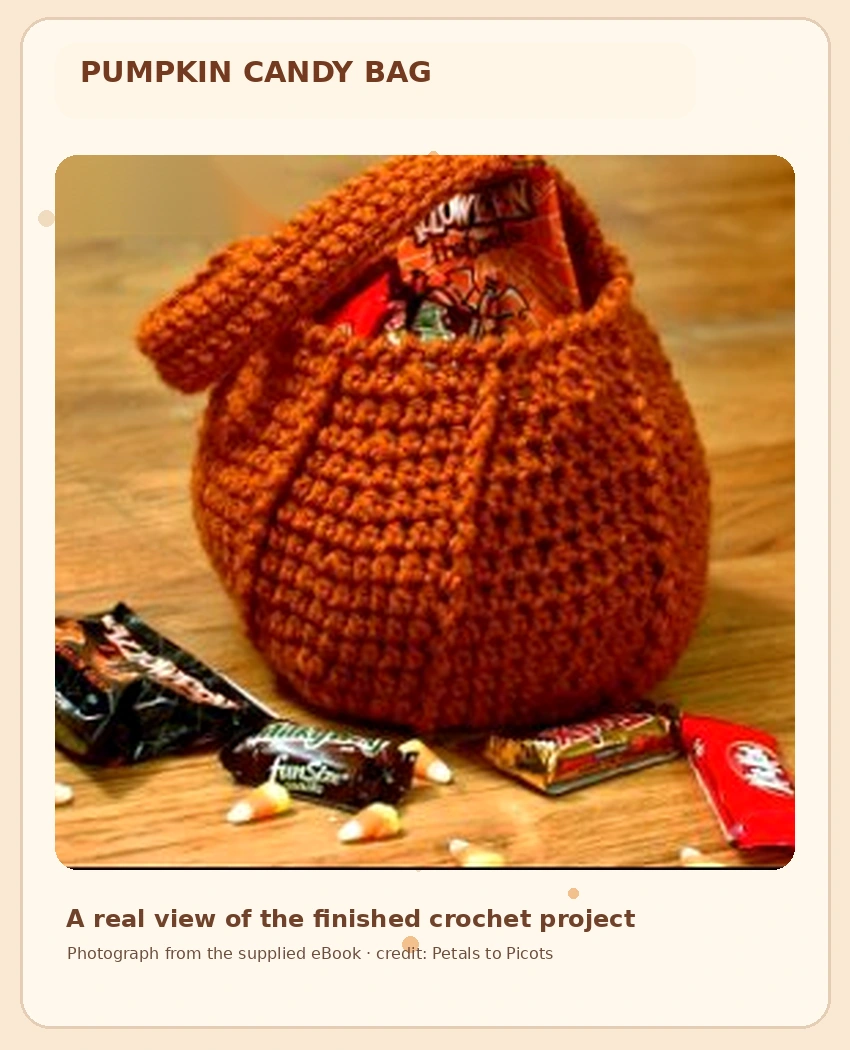 Completed orange crochet pumpkin-shaped candy bag with a curved orange handle and treats inside
